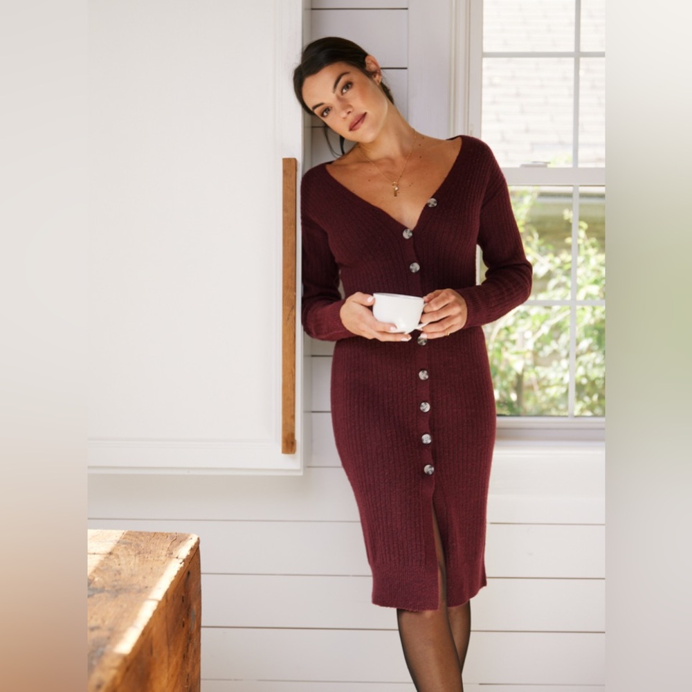 Able Elizabeth Rib Midi Cardigan/sweater dress, sz medium, maroon, NWOT